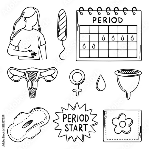 Set of elements for menstruation. Sketch of pad, tampon, calendar. Feminine hygiene. Vector illustration.