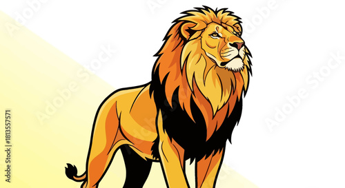 Illustration of a majestic lion with a golden mane standing proudly against a bright background.