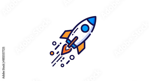 Cartoon rocket ship launching with flames and smoke.