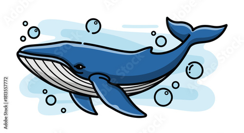 Illustration of a blue whale swimming in the ocean with bubbles.