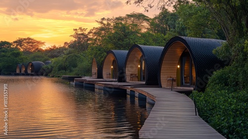 Serene lakeside cabins inspire relaxation and escape. Embrace nature and unwind in these modern structures. Ideal for peaceful retreats and adventures. Generative AI
