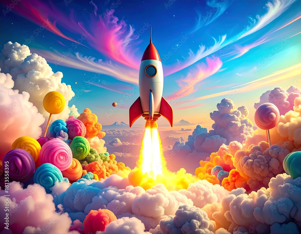 Obraz premium Rocket ship taking off into a vibrant candy-colored sky