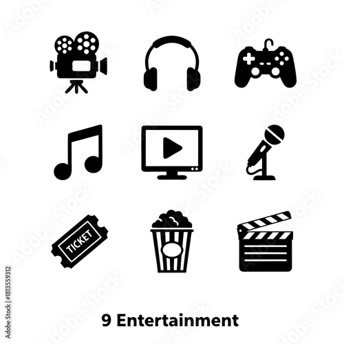 Entertainment icons: film camera, headphones, game controller, music note, and more