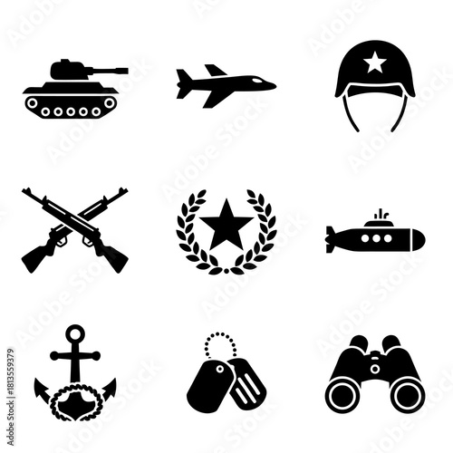 Military icons set featuring tank, airplane, helmet, and more