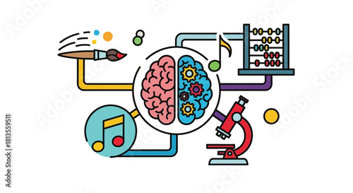 Brain with art, music, math, and science symbols connected to it.