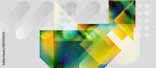 Abstract geometric shapes overlap, creating vibrant color gradients. Composition features translucent layers, soft shadows, modern design.