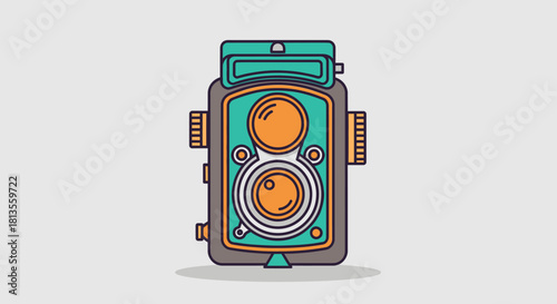 Illustration of a vintage twin-lens reflex camera with a teal and orange color scheme.
