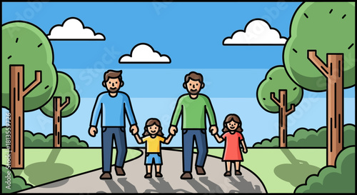Illustration of two men holding hands with two young girls in a park.