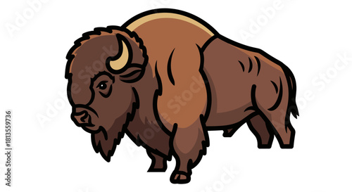 Cartoon illustration of a brown bison with a large hump and curved horns.