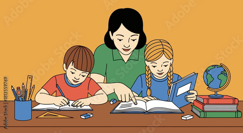 Teacher helping students with schoolwork at a desk with books and pencils.