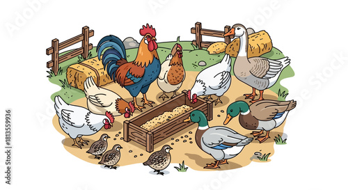 Cartoon illustration of various farm birds eating from a trough.