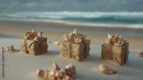 eco friendly Christmas Three gifts decorated with seashells on a sandy beach.