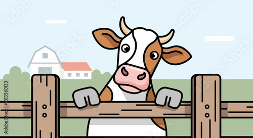Cartoon cow with brown and white spots peeking over a wooden fence in front of a barn.