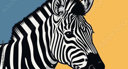 Close-up illustration of a zebra's head with black and white stripes against a blue and yellow background.