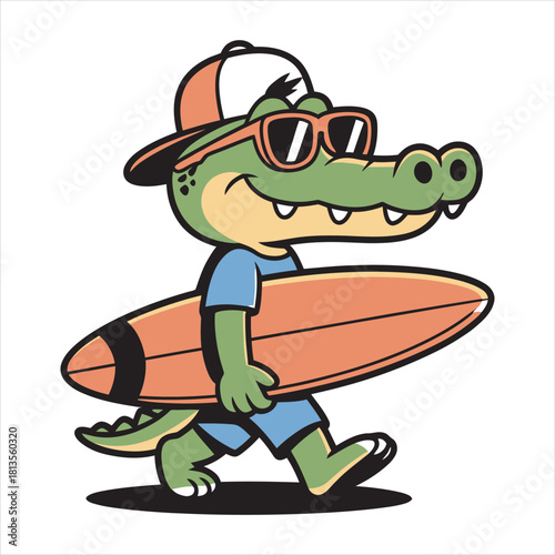 Cartoon alligator with sunglasses and cap walks while holding an orange surfboard