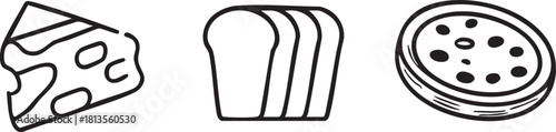 Cheese, bread, and salami vector illustration - food outline icons eps silhouette