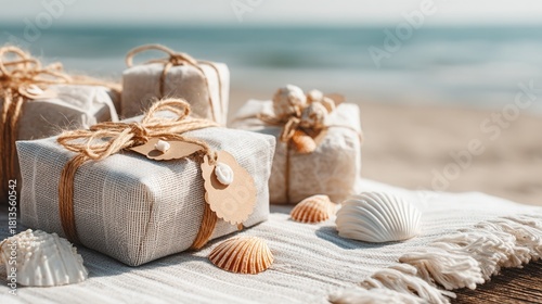 eco friendly Christmas Beach-themed wrapped gifts with seashells on a sandy background.