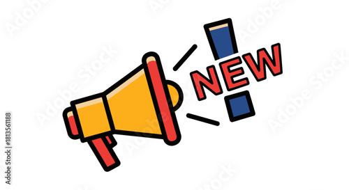 Megaphone with the word NEW in red and blue, announcing something new.