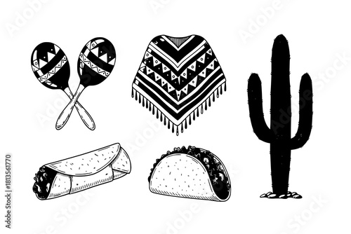 Mexico doodle set. Elements of mexican culture: maracas, poncho, cactus, taco, burrito in sketch style. Hand drawn vector illustration isolated on white background 
