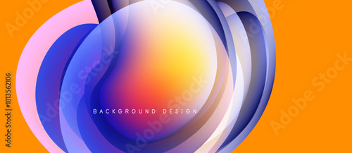 Abstract flowing shapes, vibrant colors, dynamic composition. Orange background complements layered translucent forms. Modern design element.