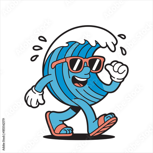 Cartoon ocean wave character enjoys a cheerful stroll wearing sunglasses and flip flops