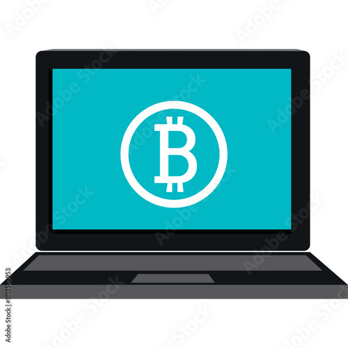 Modern Laptop Displaying White Bitcoin Symbol on Bright Teal Screen with Black Bezel and Keyboard Minimalist Digital Graphic on Transparent Background
