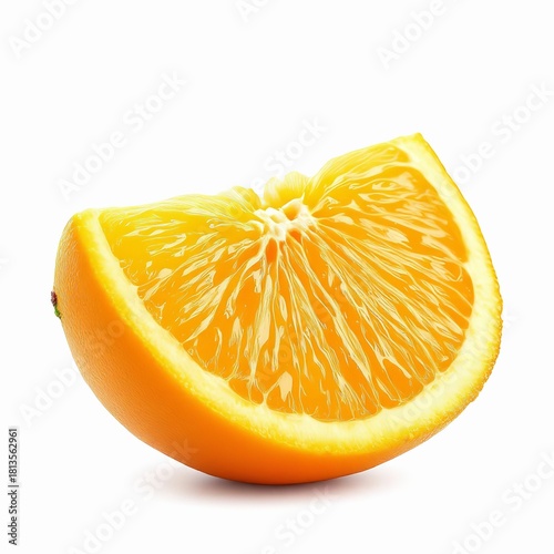 Close up of a single fresh orange slice segment showing juicy texture and bright citrus color, isolated on white background