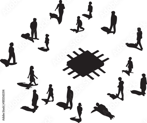 Ai impact: people silhouettes around a microchip vector illustration eps
