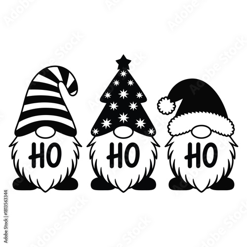 Festive gnomes with striped hats and Christmas tree design proclaim the phrase 'HO' joyfully
