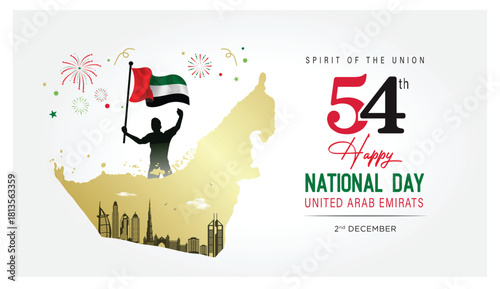 "Dubai skyline with a boy waving the UAE flag, 54th National Day celebration, Concept Design Vector Illustration."