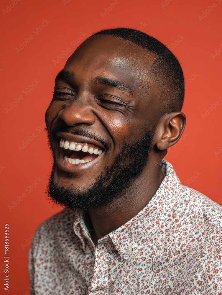 Fototapeta premium handsome unshaven young darkskinned male laughing out loud at funny meme he found on internet smiling broadly showing his white straight teeth positive human facial expressions and emotions no logos 