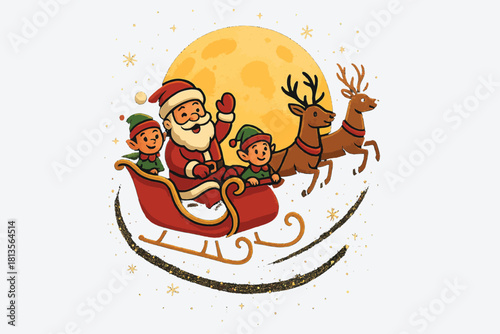 Santa claus and elves riding a sleigh pulled by reindeer under a large moon