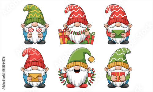 Six cheerful cartoon gnomes sport colorful hats while holding various holiday themed items on a transparent background