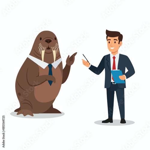 Businessman presenting to a walrus in a business setting