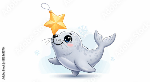 Cartoon seal balancing a golden star ornament on its nose, surrounded by snowflakes, creating a festive and cute winter scene.