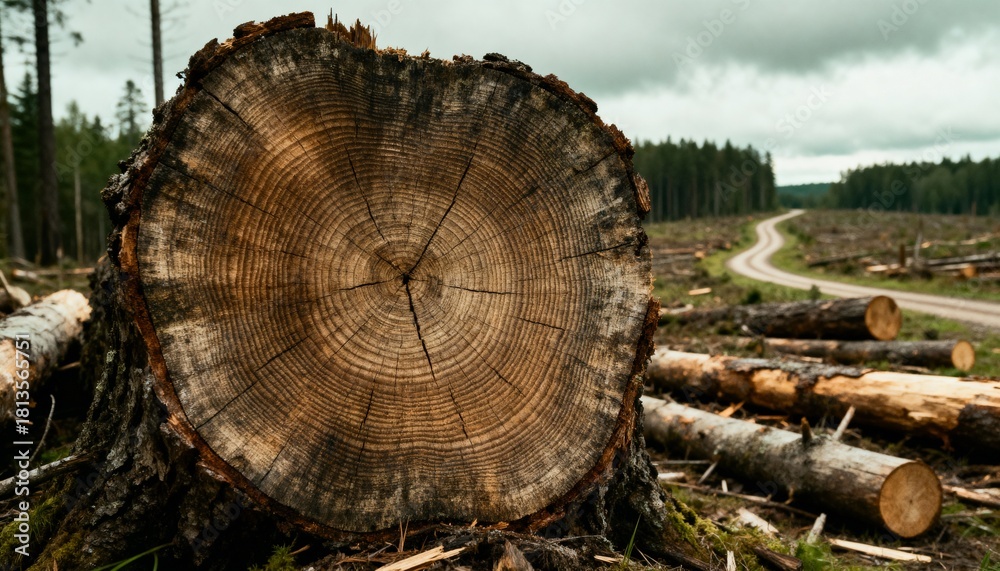 Naklejka premium environmental damage from logging with cut trees and barren land showing forest loss