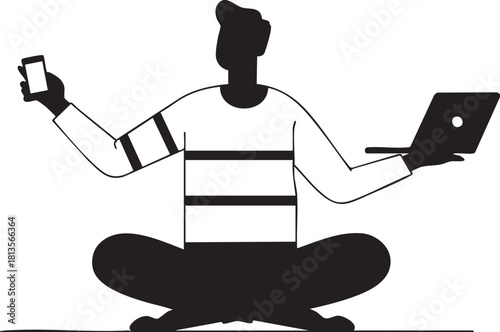 Vector illustration: man meditating with laptop and phone - multitasking, balance, technology eps silhouette