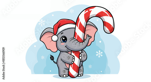 Cartoon elephant wearing a Santa hat and holding a red and white striped candy cane against a snowy blue background.