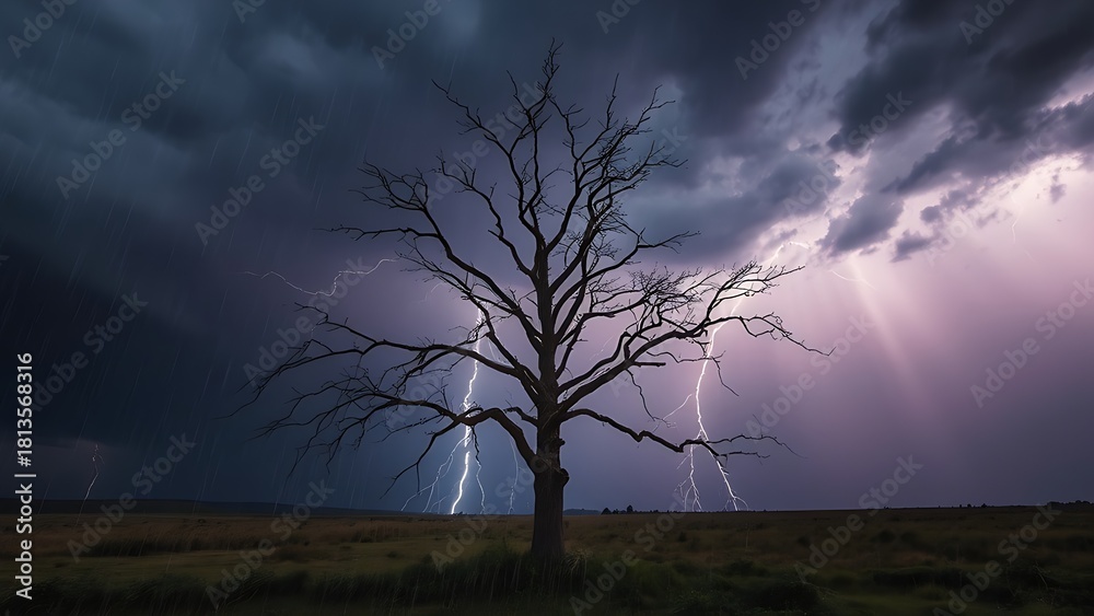 Fototapeta premium predictability. A solitary tree struck by lightning during a storm with dramatic sky. ESG reports, sustainability campaigns, designed for sustainability communications and ESG reporting.