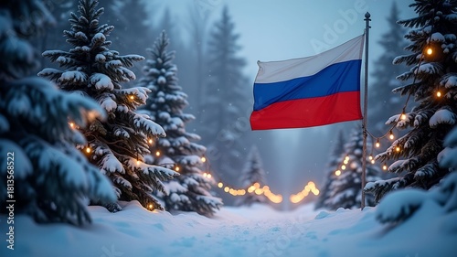 The Russian flag flutters in a snowy forest at winter twilight.