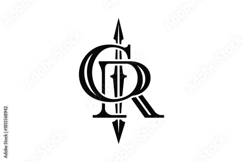A monogram logo with the letters c and r intertwined with a spear symbol