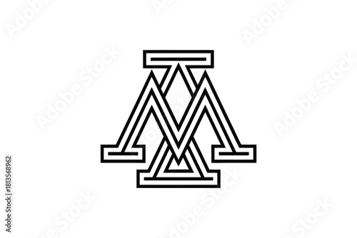 Black and white graphic design featuring a stylized overlapping letter m logo