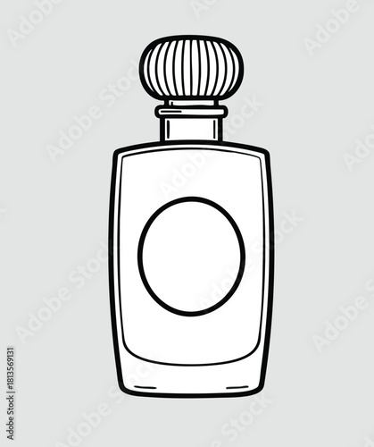 Black and white line art illustration of a classic rectangular perfume bottle with a round ribbed stopper and a central circle