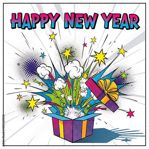 Happy New Year Pop Art Card: Comic Explosion Gift Box Greeting Vector, Retro Comic Style New Year Celebration Surprise Gift Box, Emphasizes retro style, celebration, surprise element.