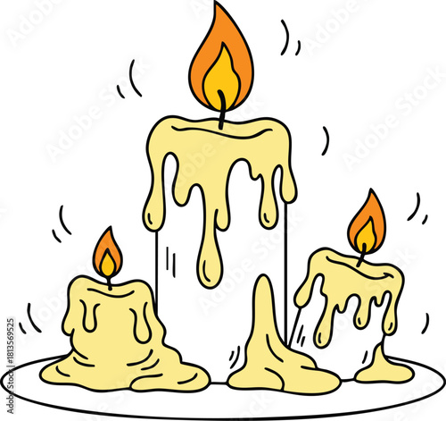 Cartoon illustration of three melting wax candles with bright orange flames isolated on white background