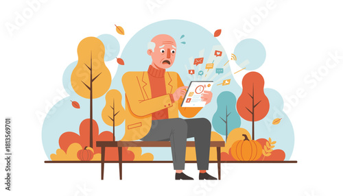Elderly man stressed by tablet notifications and digital overload in autumn
