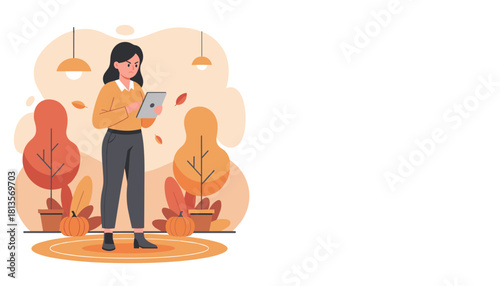 Angry woman using a tablet in an autumnal setting symbolizing frustration technology issues or stress