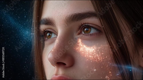 A beautiful female face emerges from swirling cosmic gas after a cosmic explosion, reflecting supernova bursts and dynamic universe processes across her luminous, otherworldly features.