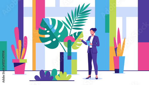 Corporate woman with tablet amidst vibrant geometric design and lush tropical foliage