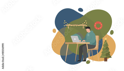 Remote worker using laptop in a cozy holidaydecorated home office Digital nomad Christmas illustration